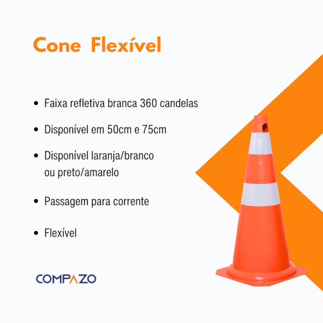 Cone Flexível de Sinalização Laranja/Branco Refletivo 75CM